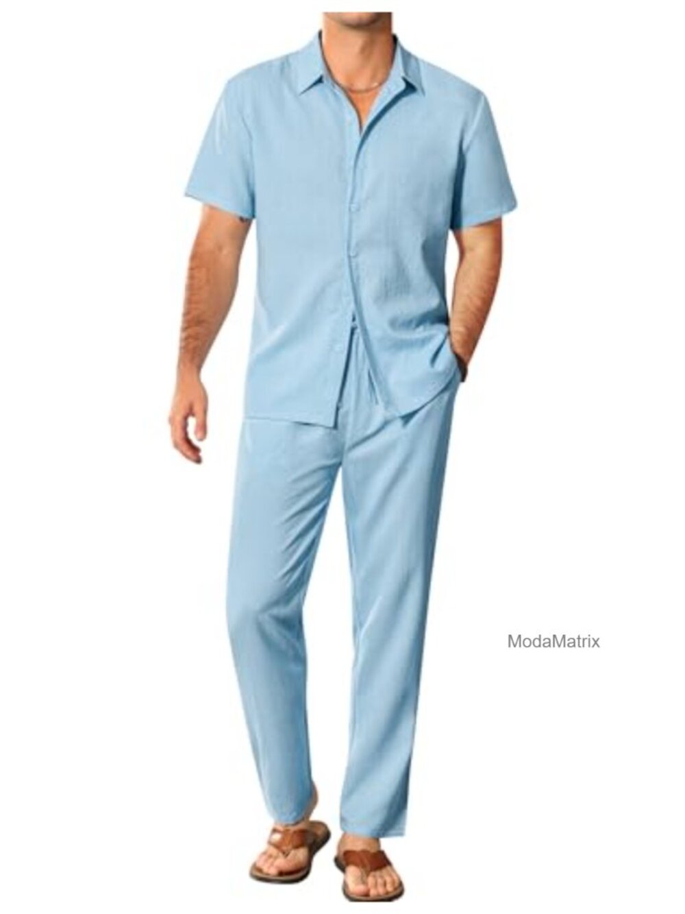 Men's 2 Piece Outfit Short Sleeve Button Down Shirt and Long Pants Linen Summer
